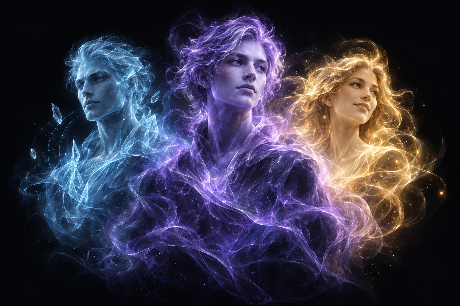 Spirit Guide concept artwork: three luminous personalities in violet, blue and gold