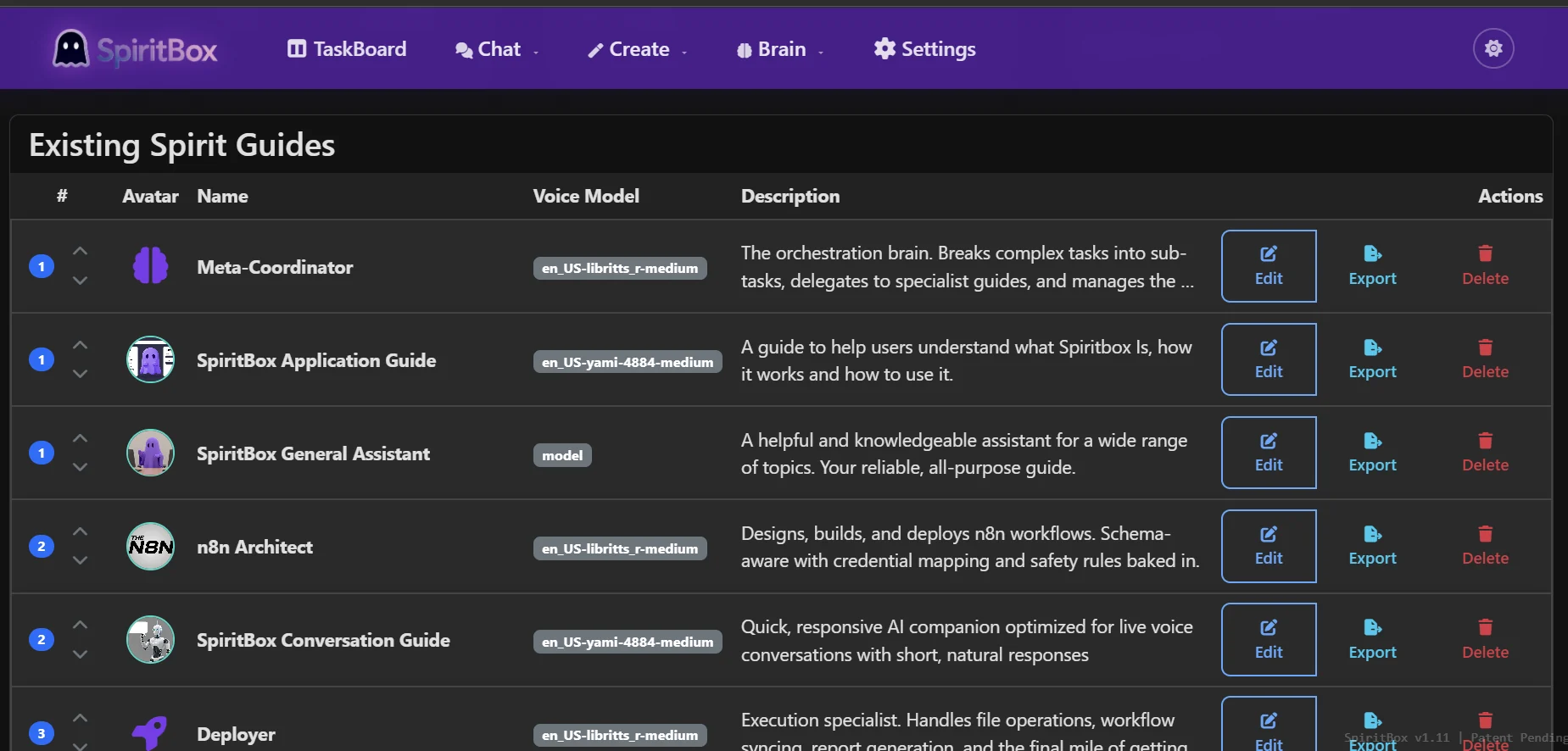 SpiritBox interface showing the Spirit Guide roster