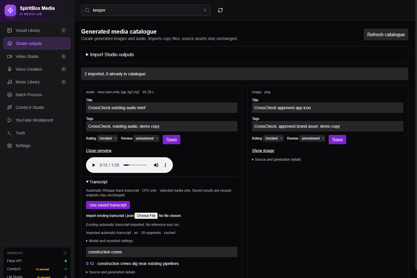 Actual Caption interface searching an existing transcript and seeking to a line in audio